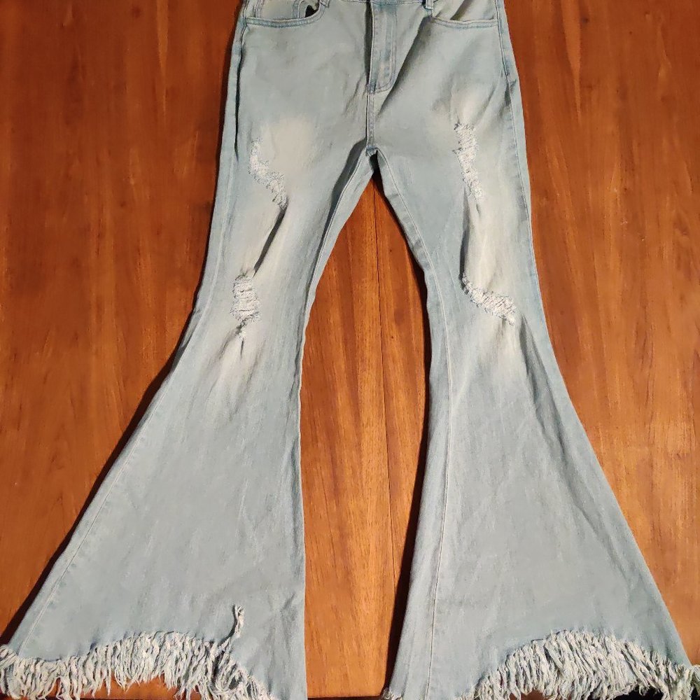 Banjul Boho Bell Bottom Distressed Womens Jeans L - Picture 1 of 11